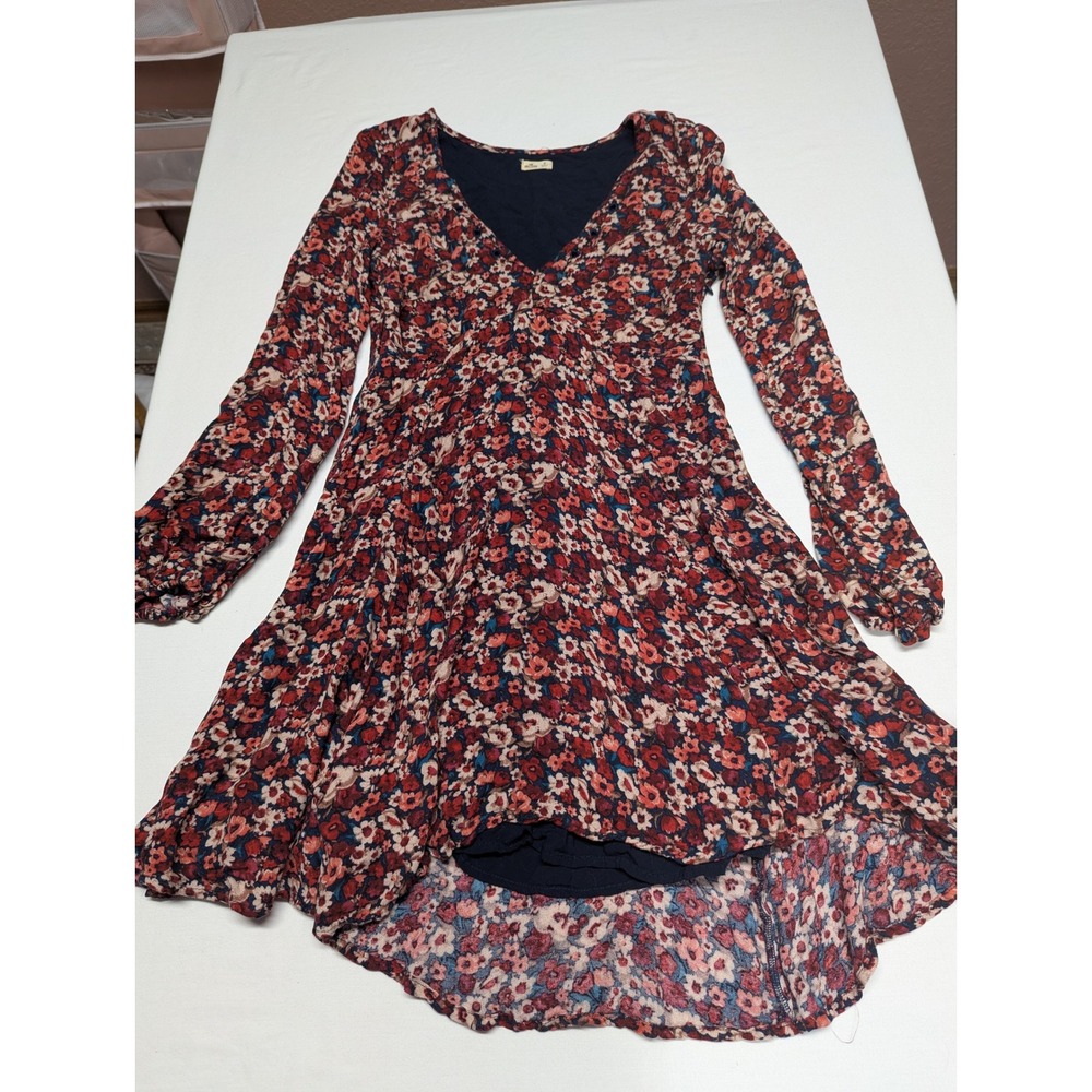 Hollister Womens Floral High Low Dress Navy Red Long Sleeve V-Neck Eyelet Medium